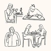 A collection of minimalist line art illustrations depicting serene and cozy cafe scenes with relaxed individuals enjoying coffee, working, and engaging in activities vector
