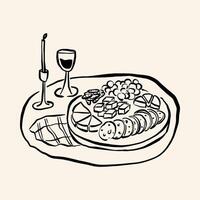 A serene minimalist line art featuring a breakfast scene with candles, creating a peaceful and aesthetic ambiance. vector