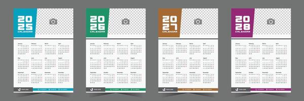 2025, 2026, 2027, 2028 Calendar Design Pack Template. set of minimalist one page calendar design vector