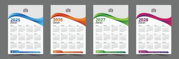 creative calendar layout 2025, 2026, 2027, 2028 design. set of one page calendar design template with abstract shape vector
