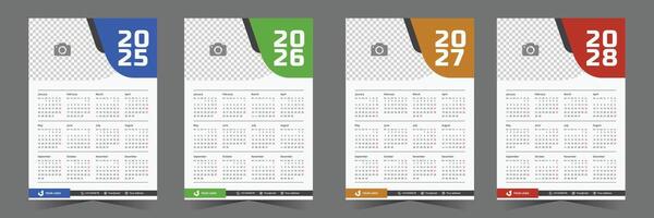2025 2026 2027 2028 calendar template set modern design. set of one page calendar design with abstract shape vector