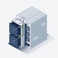 Big ASIC Bitcoin Miner. Bitcoin Mining. Application Specific Integrated Circuit. Antminer isometric view. Cryptocurrency mining equipment and hardware isolated on white. Illustration vector