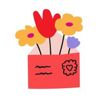 Red envelope with flowers inside. Design for greeting cards. illustration on white background. vector