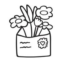 Envelope with flowers inside. Outline icon. Doodle design for greeting card. illustration on white background. vector