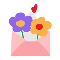 Open envelope with two flowers. Hand drawn flat illustration on white background. vector