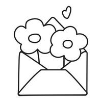 Outline isolated icon. Open envelope with two flowers. Black color illustration on white background. vector