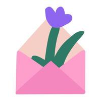 Open envelope with one flower. Congratulation. Hand drawn flat design. Illustration on white background. vector