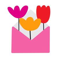 Open envelope with three flowers inside. Spring blossom. Hand drawn illustration on white background. vector