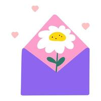 Open envelope with chamomile inside. Hand drawn flat design. Illustration on white background. vector