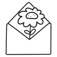 Envelope with chamomile inside. Black color. Flat design. Outline illustration on white background vector