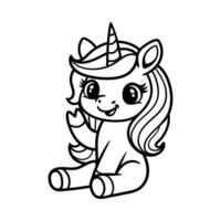 fun cute sitting unicorn cartoon character isolated drawing line style sketch classic vintage design illustration vector