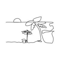 Beach panorama in continuous one line art drawing. Sunset vector