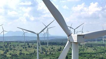 A picturesque wind farm under a clear blue sky, showcasing rows of towering wind turbines spread across a lush green landscape, symbolizing renewable energy and sustainable development video