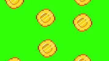 Animation of falling pixel coin. Rain from the golden coins on chromakey background. Retro game style. 4K resolution. video