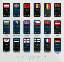 Set of illustrations of international dialing country codes and flags of the European Union countries. Part 1 vector