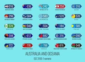 Set of illustrations of ISO 3166 1 numeric and flags of the countries of Australia and Oceania. vector