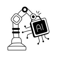 Hand drawn graphic depicting an industrial robot arm manipulating an AI chip vector