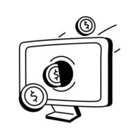 Icon of a computer monitor with coins entering and exiting a screen, digital transaction concept vector