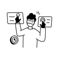 A person wearing a VR headset, interacting with virtual touchscreens vector