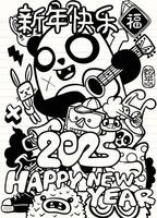Happy New Year 2025 with panda, rabbit, and festive doodles in black vector