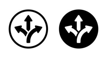 Three way direction arrow icon on black circle. Triple arrows sign symbol vector