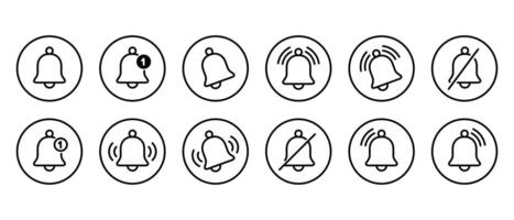 Notification bell outline icon set collection on circle line. Alert, alarm reminder sign symbol vector