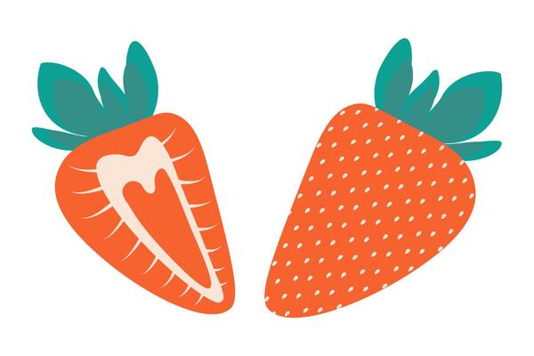 Hand drawn strawberries whole and half Colorful healthy berry. Icon Logo or card design element idea. Isolated illustration Thematic or menu cards, stickers, leaflets, label or web promo banner