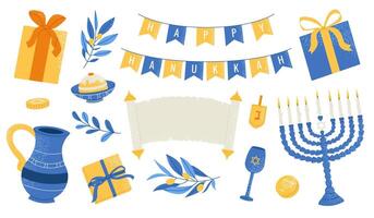 Happy Hanukkah elements set. Collection of colorful Hanukkah symbols with menorah, coins, donuts. Flat textured illustration isolated on white background. vector