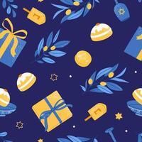 Happy Hanukkah seamless pattern. Modern festive design for wallpaper, wrapping paper, fabric, banner. Flat illustration on blue background. vector