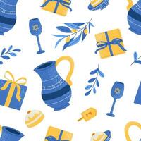 Decorative elements of Jewish holiday Hanukkah seamless pattern. Colorful jug, olive branch, donut and gift flat illustration on white background. vector
