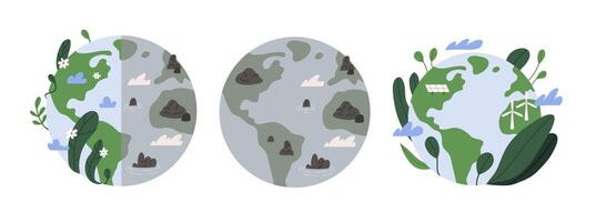 Ecology set with planet. Earth globe two halves clean and polluted. Flat illustration isolated on white background. vector