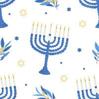 Happy Hanukkah seamless pattern. Jewish holiday print with menorah. Flat illustration on white background. vector