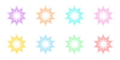 Star, flower or explosion shapes in holographic blurry style. Firework, flash or bling icons isolated on a white background. Set of trendy y2k stickers with gradient aura effect. illustration vector