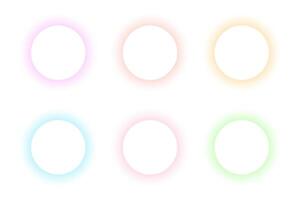 Set of blurry round frames. Circle shapes with pastel pink, orange, red, blue, green neon gradient borders isolated on white background. Abstract design elements with empty space. illustration vector