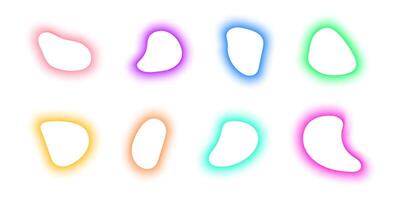 Set of blurry irregular shapes. Colorful organic blobs with neon gradient borders isolated on white background. Asymmetric bubbles, liquid blots, fluid splots, distorted forms. illustration vector