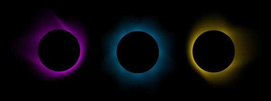 Set of blurry round frames. Circle shapes with pink, blue and yellow neon soft gradient borders isolated on dark background. Abstract design elements with empty space. illustration vector