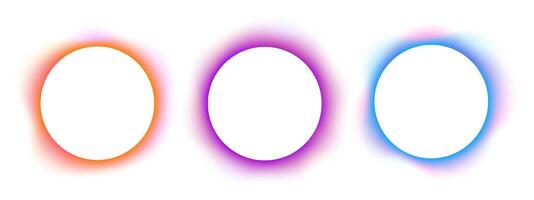 Set of blurry round frames. Collection of circle shapes with colorful neon gradient borders isolated on white background. Abstract design elements with empty space. illustration vector