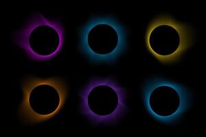 Set of blurry round frames. Circle shapes with pink, purple, yellow, orange, blue and green neon gradient borders isolated on black background. Design elements with empty space. illustration vector