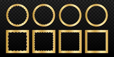 Set of shining golden square and round mirror, photo or picture frames with wiggly inner borders. Decoration design elements, stickers or tags isolated on dark background. illustration vector