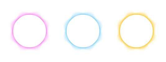 Set of blurry round frames. Circle shapes with pink, blue and yellow neon gradient borders isolated on white background. Abstract design elements or web banners with empty space. illustration vector