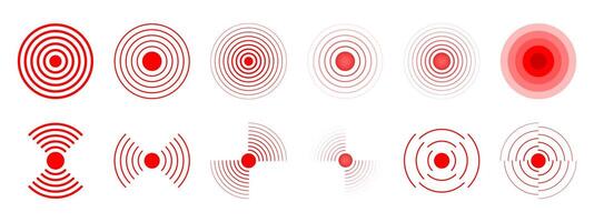 Pain localization icons. Red concentric circles. Sore or inflammation symbols. Pulse or headache signs. Shockwave, radar or sound signal pictograms isolated on white background. illustration vector