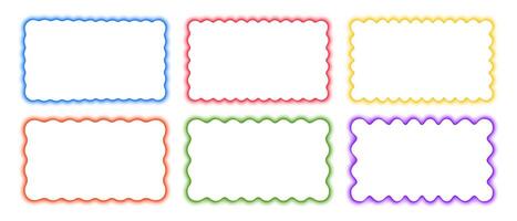 Set of colorful rectangle frames with wavy borders. Undulated rectangular shapes with blurry neon effect. Empty text box or web banner templates with soft gradient edges. illustration vector