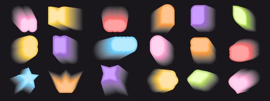 Set of y2k shapes with aura gradient effect. Abstract figures, star, circle, crown, flower, petal icons in trendy blurry holographic style isolated on black background. illustration vector