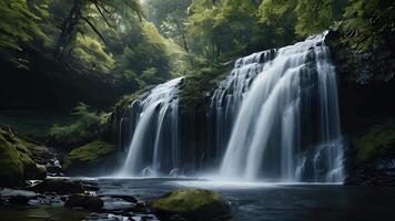 Serene Waterfall in Lush Forest Cascading water creates a tranquil scene amidst vibrant greenery. video