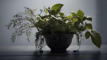 Botanical Still Life A study in contrasts, showcasing a vibrant mix of thriving and wilting plants in a rustic bowl. The interplay of light and shadow enhances the textures and forms. video