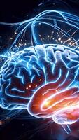 Illuminated Mind A mesmerizing 3D rendering of the human brain, glowing with vibrant blue and orange light trails, symbolizing intelligence, neural connections, and the power of the mind. video
