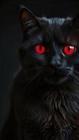 Black Cat with Red Eyes A close-up portrait of a mysterious black cat with piercing red eyes, captured against a dark background. The image evokes a sense of intrigue and mystique. video