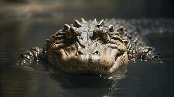 Crocodile Close-Up A menacing alligator, its scales glistening in the water, stares directly at the viewer with a chilling intensity. Its powerful jaws are slightly ajar, revealing razor-sharp teeth. video