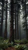 Misty Forest Path Enigmatic, atmospheric image of a misty forest path, with tall trees and ferns. Perfect for evoking feelings of mystery, tranquility, and nature's wonder. video