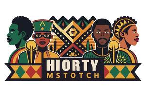 Modern Black History Month artwork featuring African heritage symbols, traditional patterns, and diverse characters in a colorful design vector